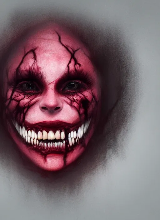 Image similar to dramatic dark red matte portrait painting of woman evil smile with black mandelbrot fractal instead of face, horror, body horror, dark art, 4 k, detailed, realistic, psychotic, insane, crazy, mental illness, dramatic,