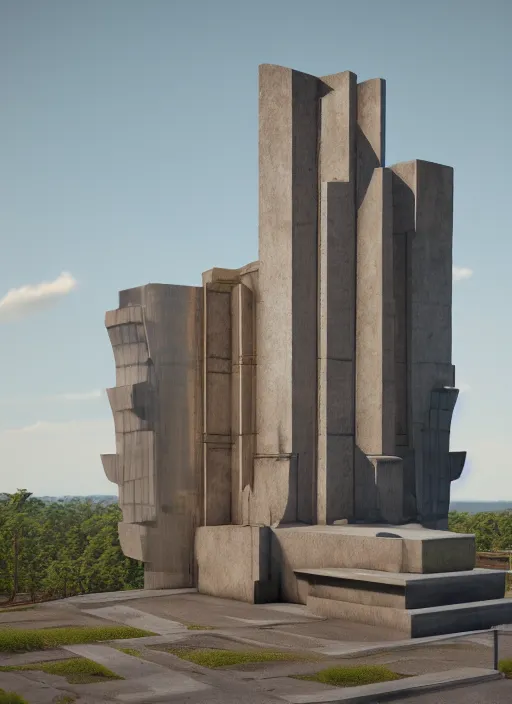 Image similar to highly detailed realistic architecture 3 d render of a metallic monumental stele in frank lloyd wright style standing on a highway, archdaily, made in unreal engine 4 octane render