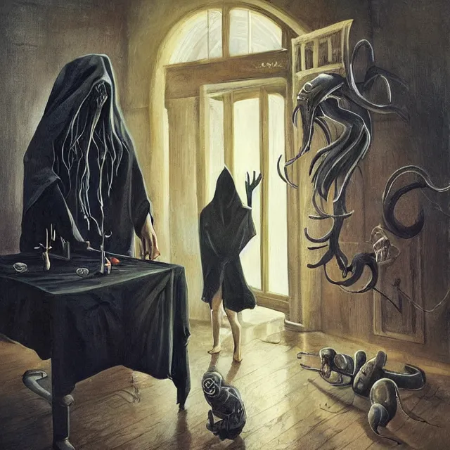 Prompt: a strange creature greeting a female explorer in a dining room, haunted house, masterpiece, rhads!!!, magical realism, urban fantasy, a hooded figure, a fierce woman, ( h. r. giger )