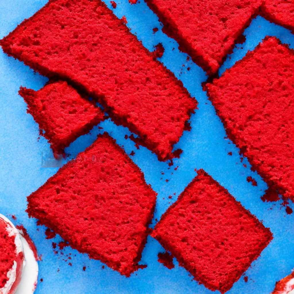 Image similar to top-down view of red cake on top of a blue surface, 8k, high detail, photorealistic, proper shading