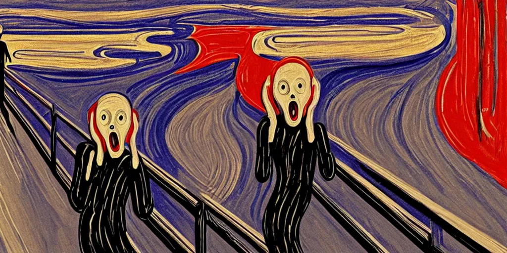 Prompt: The Scream painting realistic robot inspired by black widow by white night on art station