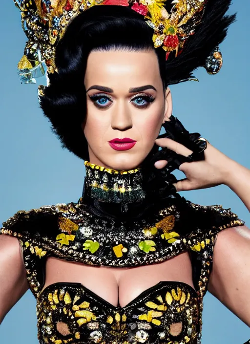 Image similar to katy perry styled by nick knight posing, full body shot, intricate headpiece, vogue magazine, canon, highly realistic. high resolution. highly detailed. dramatic. 8 k. 4 k.