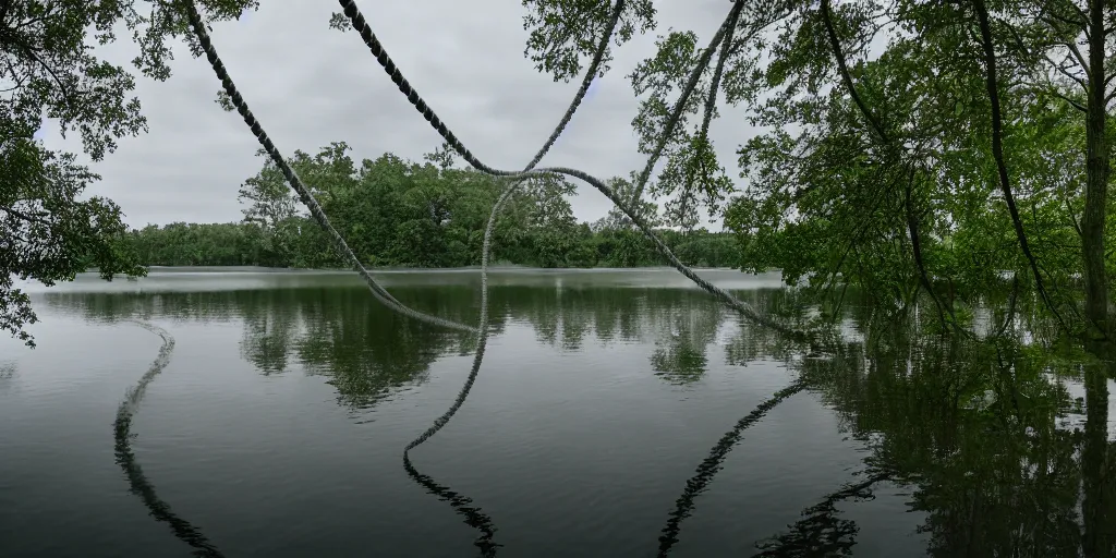 Prompt: centered photograph of a long rope snaking across the surface of the water, stretching out towards the center of the lake, a dark lake on a cloudy day, trees in the background, anamorphic lens