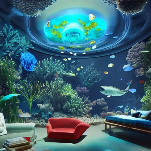 Image similar to the realistic photo of the modern fashionable room as aquarium with a chandelier as a big jellyfish, beautiful corals on the walls and dangerous sharks on the big panoramic window, a lot of gleans, under the ocean, realistic colors, realistic shadows, daylight made in blender and cinema 4 d, hd, 3 d by beeple and by greg rutkowski