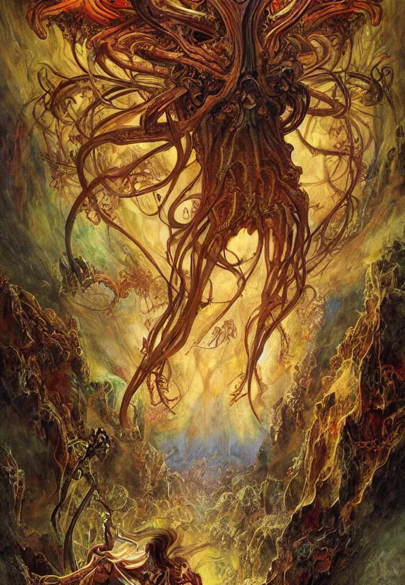 Prompt: colorful muscular eldritch demons radiating town fractal, by h. r. giger and esao andrews and maria sibylla merian eugene delacroix, gustave dore, thomas moran, pop art, chiaroscuro, biopunk, art nouveau