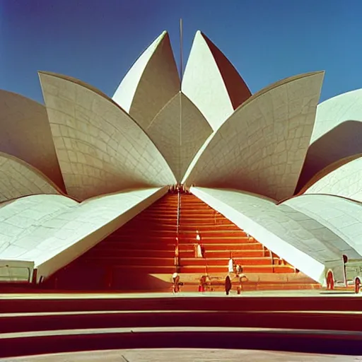 Image similar to interior of a futuristic lotus temple with gold, red and white marble panels, in the desert, by buckminster fuller and syd mead, intricate contemporary architecture, photo journalism, photography, cinematic, national geographic photoshoot