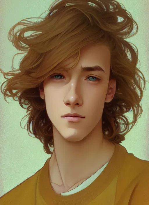 Image similar to pretty young man with shoulder length shiny shimmering golden blond hair, path traced, highly detailed, high quality, digital painting, by studio ghibli and alphonse mucha, leesha hannigan, makoto shinkai, disney