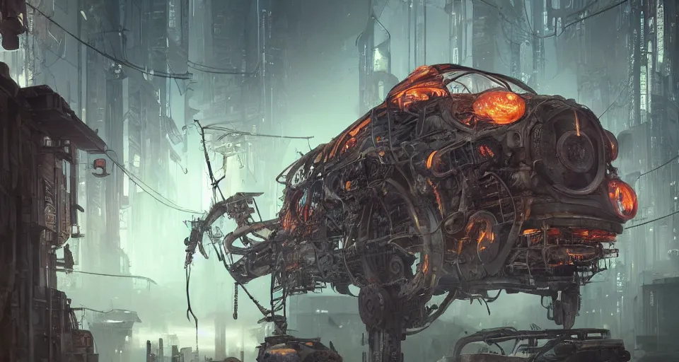Prompt: a highly detailed epic cinematic concept art CG render digital painting artwork scene: a corpse revived with a smoking combustion engine. retrofuturistic 1920s cyberpunk steampunk. By Greg Rutkowski, Ilya Kuvshinov, WLOP, Stanley Artgerm Lau, Ruan Jia and Fenghua Zhong, trending on ArtStation, made in Maya, Blender and Photoshop, octane render, excellent composition, cinematic dystopian brutalist atmosphere, dynamic dramatic cinematic lighting, aesthetic, very inspirational, arthouse