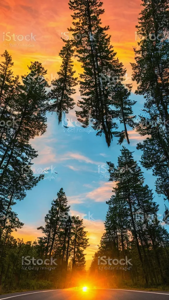 Prompt: beautiful sunset with a road of aligned trees, epic stock photo