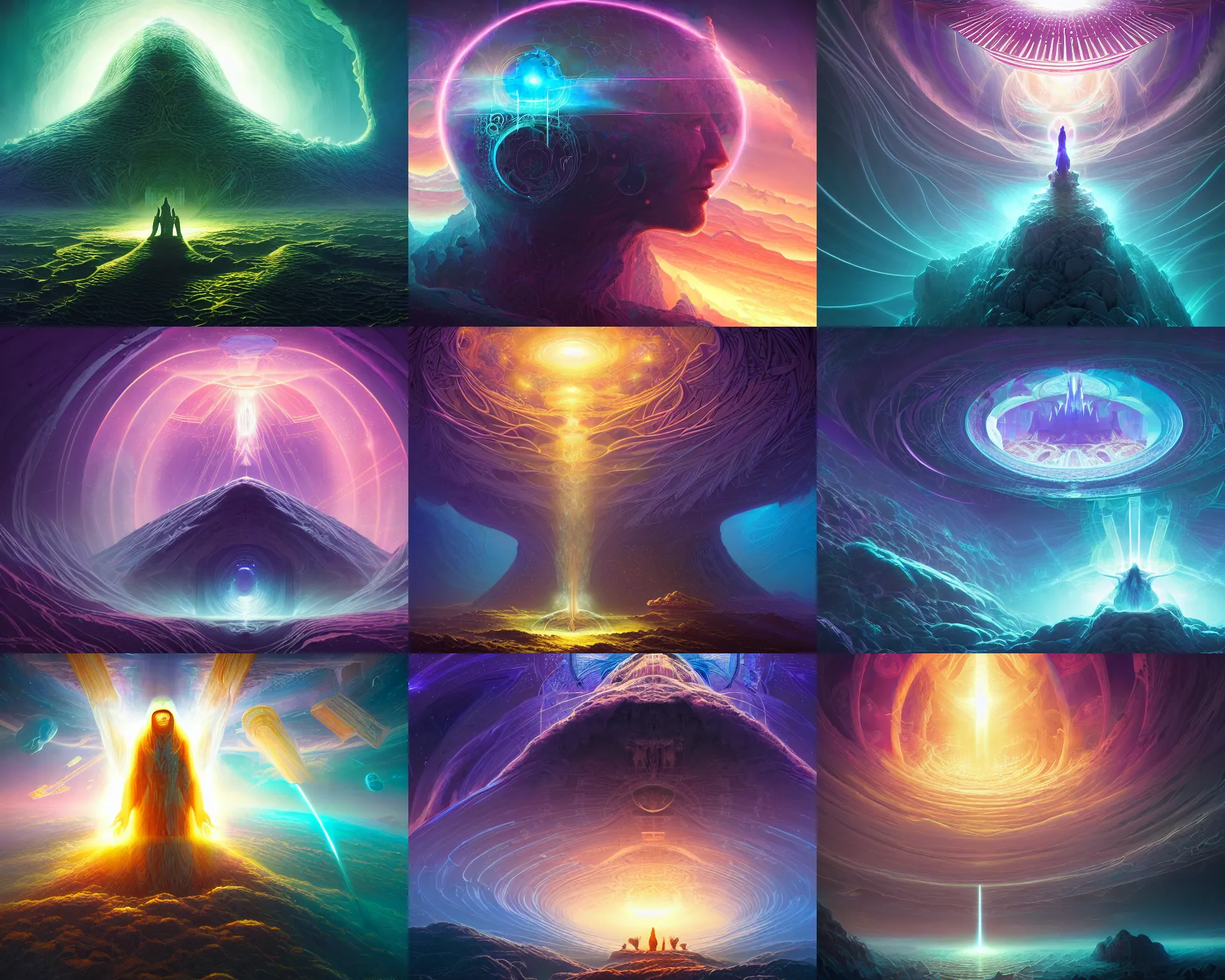 Prompt: deepest realms of consciousness ancient, timeless, divine entity vast quantities of knowledge draws all living things closer to the infinite gravity oblivion halo cubic by dan mumford, anton fedeev, william higginson, ross tran, cosmic, heavenly, god rays, intricate detail, cinematic, cel shaded, unreal engine, featured on artstation, pixiv