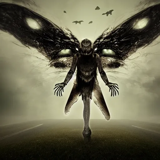 Image similar to mothman glowing eyes misty atmospheric ominous perspective