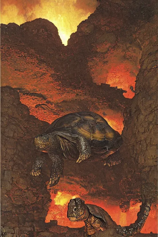 Image similar to a huge tortoise in a volcanic lava cave by lawrence alma tadema and rick berry and norman rockwell and jason fabok and greg staples and nc wyeth