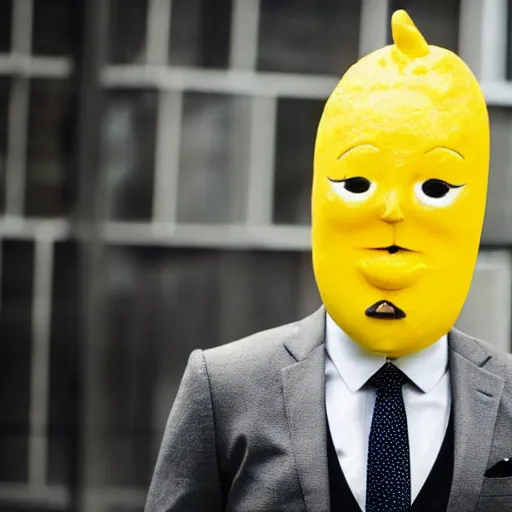 Image similar to a man wearing a suit lemon head