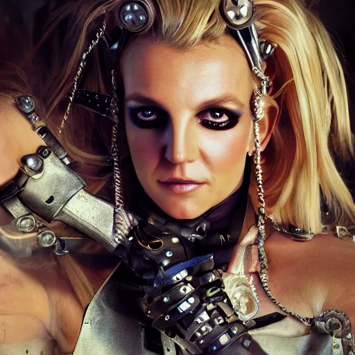 Image similar to britney spears steampunk cyborg, fantasy, sharp focus, contemporary fashion shoot, by edward robert hughes, annie leibovitz and steve mccurry, david lazar, jimmy nelsson, extremely detailed, hyperrealistic, perfect face, octane render