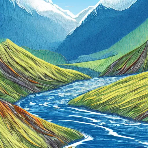 Image similar to a beautiful landscape, rivers and mountains, illustration, digital art by laura price