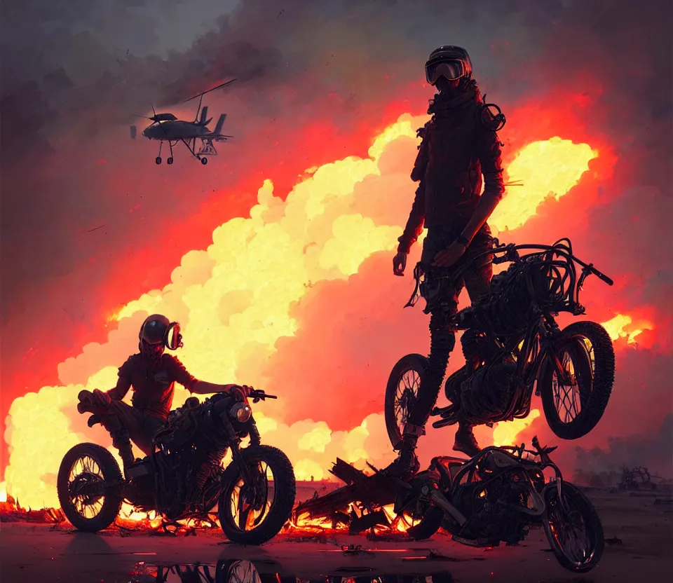 Image similar to a ultradetailed beautiful panting of post apocalyptic biker with helmet in front of crashed airplane burning, by ilya kuvshinov, greg rutkowski and makoto shinkai, trending on artstation