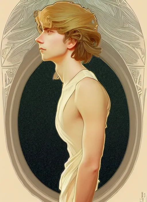 Image similar to pretty young man with shoulder length shiny shimmering golden blond hair, head down, demure, shy, path traced, highly detailed, high quality, digital painting, by studio ghibli and alphonse mucha, leesha hannigan, disney