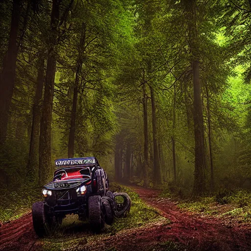 Prompt: amazing landscape photo of an off road buggy with a smiling driver inside inside a forest by marc adamus, beautiful dramatic lighting