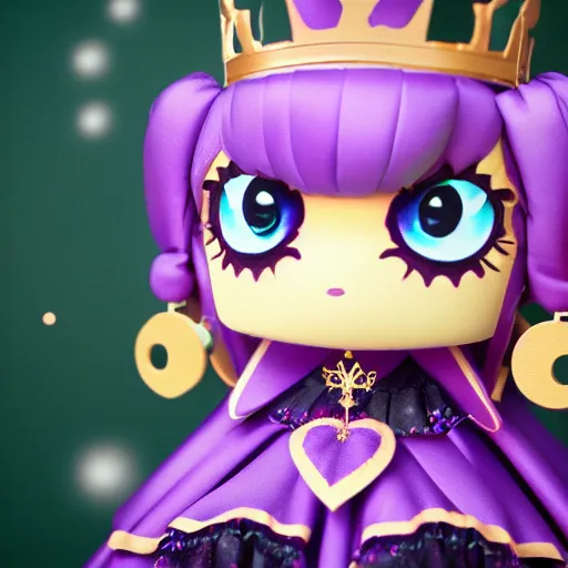 Image similar to cute fumo plush of a elaborately dressed princess in black and purple regalia, crown, outline glow lens flare, vray