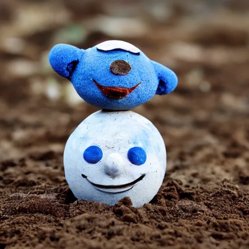 Image similar to photo of a small round creature made of dirt with round blue eyes and a round clown nose and a cute smile