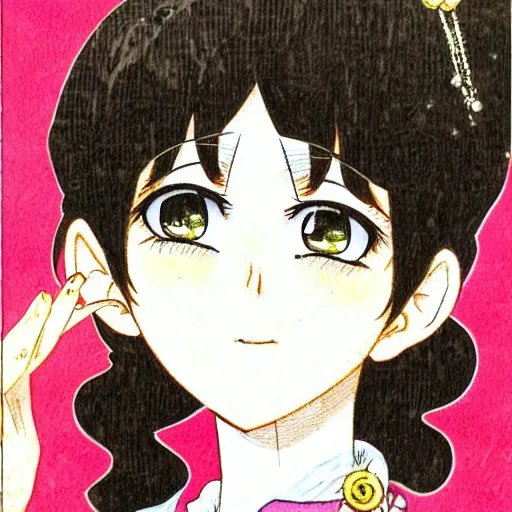 Prompt: a shoujo manga cover with a girl with big sparkly eyes and brown curly hair, in the style of naoko takeuchi ( 1 9 8 0 s )