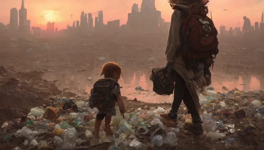 Image similar to poor detailed child with backpack looking for food at garbage dump, city is pure wasteland, moody sunset in background, greg rutkowski, alphonse mucha, trending on artstation, artgerm, unreal engine, breathtaking, award winning, highly detailed