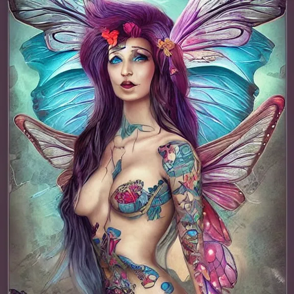 Prompt: Gorgeous Fairy with nice cheekbones floating over a lake, runes tattoos on her cleavage, vibrant big opened butterfly wings on her back and, body covered by a map tattooed, D&D, fantasy, highly detailed, digital art, trending on artstation, smooth, sharp focus, illustration, art by Peter Tang and artgem