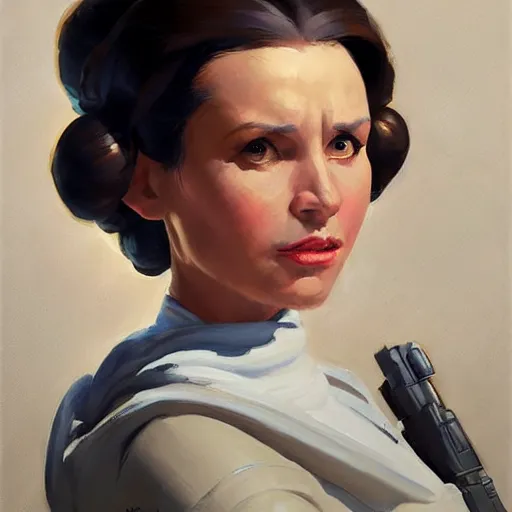 Image similar to greg manchess portrait painting of leia organa as overwatch character, medium shot, asymmetrical, profile picture, organic painting, sunny day, matte painting, bold shapes, hard edges, street art, trending on artstation, by huang guangjian and gil elvgren and sachin teng