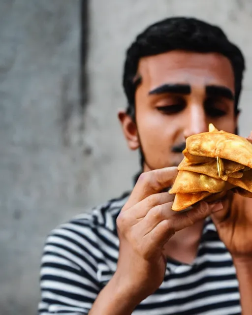 Prompt: a portrait of gandhi eating samosa whilst walking, highly detailed, trending on artstation, bokeh, 9 0 mm, f / 1. 4