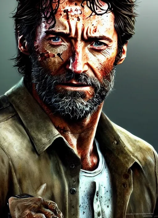 Image similar to portrait of hugh jackman as joel from the last of us, character concept art, hyperrealistic, detailed, accurate illustration, dramatic lighting
