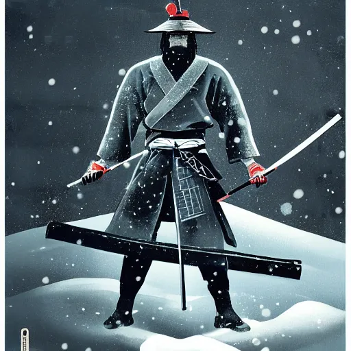 Image similar to a painting of a samurai silhouette in the snow, poster art by otomo katsuhiro, cgsociety, nuclear art, reimagined by industrial light and magic, official art, poster art