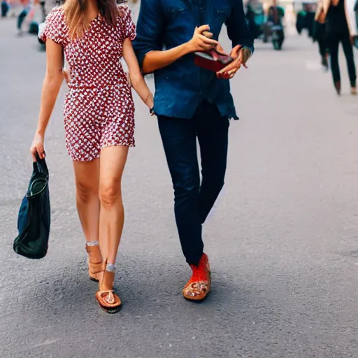 Prompt: fashionable couple walking down a street in paris, warm summer day