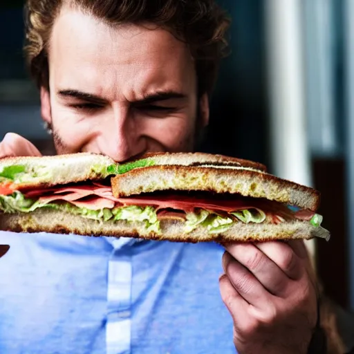 Image similar to a man eating a sandwhich while looking sad, realistic photo,