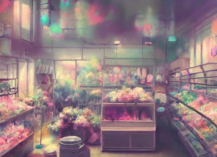 Image similar to clean impasto bright cheery placid pastel deep cozy moody cluttered painterly fluffy tiny cramped live pet store, aisles of aquariums, slanted ceiling, tiny space, particulate, trending on pixiv