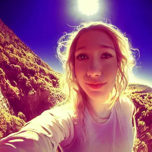 Image similar to Selfie of a beautiful woman with gorgeous flowy hair, standing over a cliff, beautiful volumetric lighting, subsurface scattering, (((((vivid))))) atmosphere, radiant sunshine, trending on artstation, 4k, 8k, artstation portrait imagery, fisheye!!!!! lens, instagram!!!!! selfie!!!!!