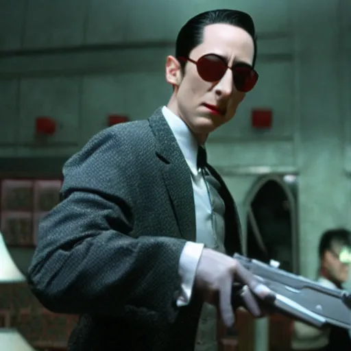 Image similar to pee wee herman as an agent from the matrix, movie still, action shot, 4 k, ultra realistic, highly detailed,