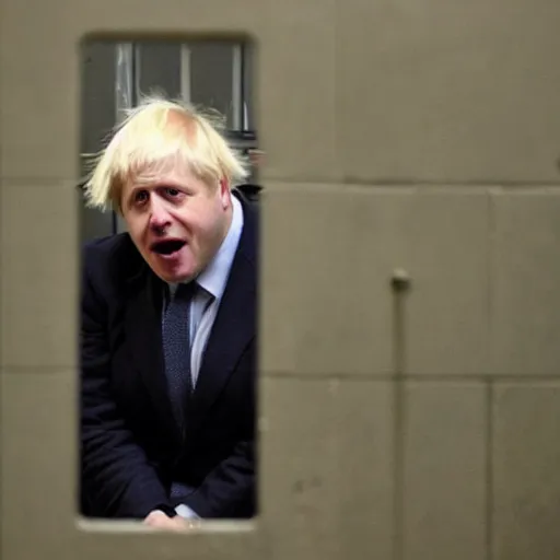 Image similar to Boris Johnson crying on his knees in a jail cell