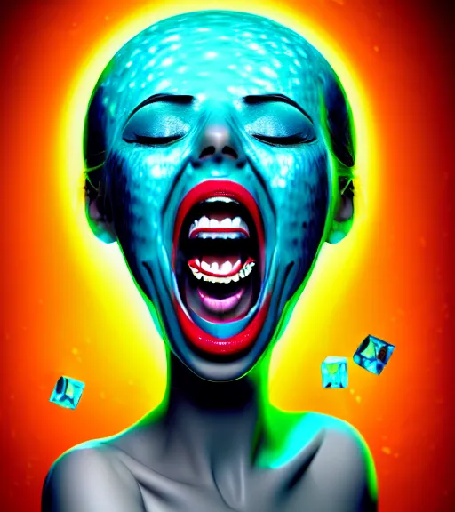 Image similar to biomorphic woman screaming with joy inside a gelatinous cube of aspic of electrons, in the style of aaron horkeyextremely, detailed masterpiece, atmospheric, shadowy, cinematic, digital art, 4 k