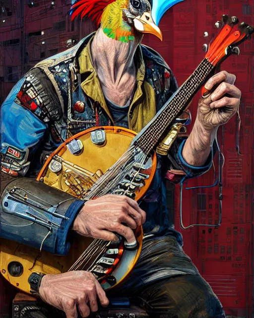 Image similar to a portrait of an anthropomorphic cyberpunk rooster strumming a banjo by sandra chevrier, by jon foster, detailed render, tape deck, epic composition, cybernetics, 4 k realistic, cryengine, realistic shaded lighting, sharp focus, masterpiece, by enki bilal