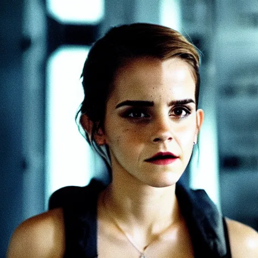 Image similar to emma watson starring in the new alien movie, 8 0 s movie, cinematic, movie poster, dark, moody