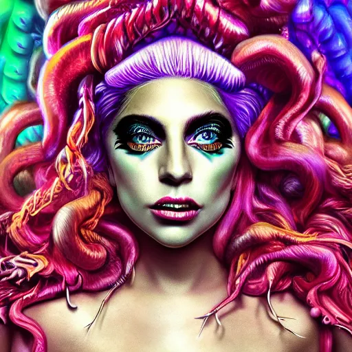 Prompt: an extremely psychedelic portrait of lady gaga as medusa, surreal, lsd, face, detailed, intricate, elegant, lithe, highly detailed, digital painting, artstation, concept art, smooth, sharp focus, illustration,