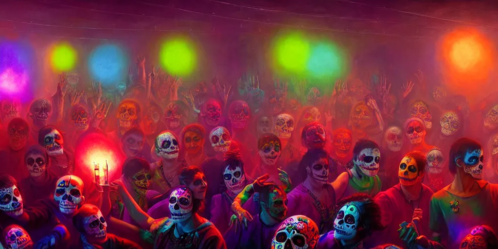 Prompt: scene from a rave, celebrating day of the dead, vibrant colours, beautiful, realistic, digital art, volumetric lighting, winning award masterpiece, trending on artstation, painting by otto dix and greg rutkowski, 8 k