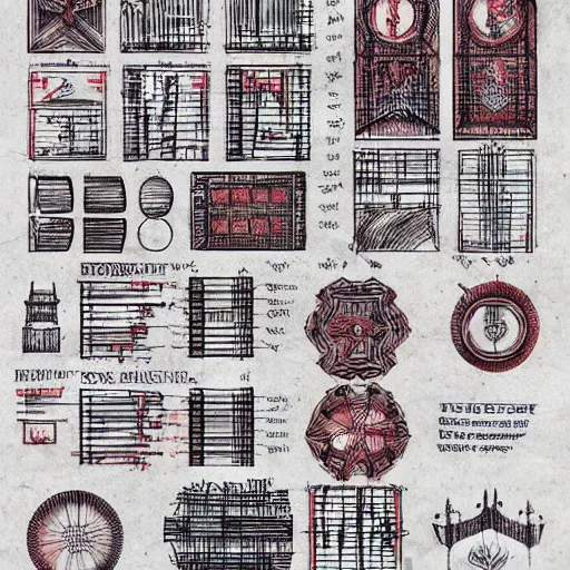 Image similar to simple blueprint drawings of spells, red symbols, blueprint red ink, calotype, lost grimoire, found papers, black paper, symmetry, RED writing, decay, full page writings, ornate borders + concept art, intricate writing, artstation, junji ito