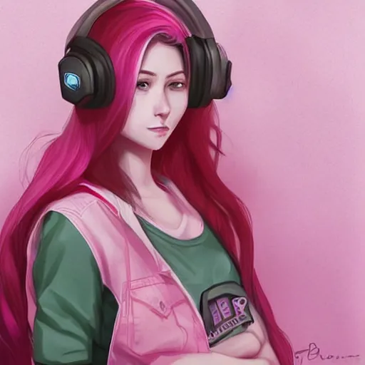 Prompt: very very very beautiful pink gamer girl wearing headphones standing in a pink girls room, full body portrait, eye contact, smiling, perfect face, perfect body, extreme long shot, drawn by charlie bowater