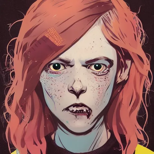 Image similar to Highly detailed portrait of a punk zombie young lady with freckles and blonde wavy hair by Atey Ghailan, by Loish, by Bryan Lee O'Malley, by Cliff Chiang, was inspired by image comics, inspired by scott pilgrim, inspired by graphic novel cover art !!!electric pink, brown, black, yellow and white color scheme ((grafitti tag brick wall background))
