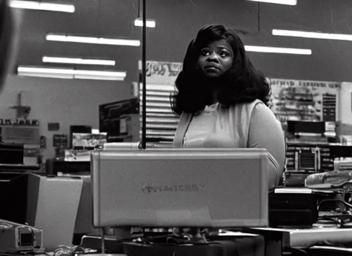 Image similar to cinematic shot of octavia spencer in an small used electronics store next to an old electronic keyboard, iconic scene from the paranoid thriller sci fi film directed by stanley kubrick, anamorphic cinematography, beautiful composition, color theory, leading lines, photorealistic, moody volumetric lighting