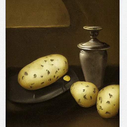 Image similar to vanitas painting of a solitaire potato contemplating it's life thus far, oil on cavnas by Pieter Claesz