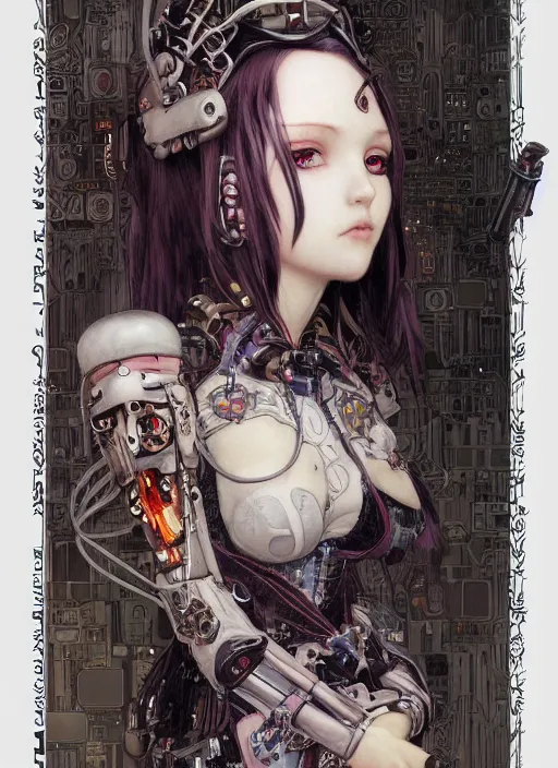 Image similar to portrait of cute beautiful young gothic maiden, cyberpunk, Warhammer, highly detailed, artstation, illustration, art by Gustav Klimt and Range Murata and Katsuya Terada