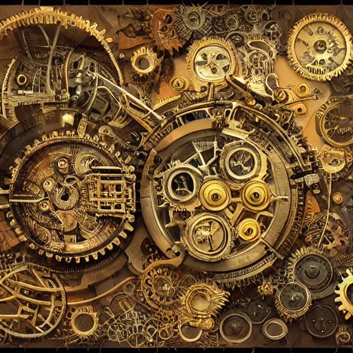 Prompt: A highly detailed and beautiful illustration of a steampunk world, by Scott Wills and J.C. Park and Pauline Olivieros, with intricate machinery, cogs, and gears, in a fantastical landscape, with a golden ratio composition