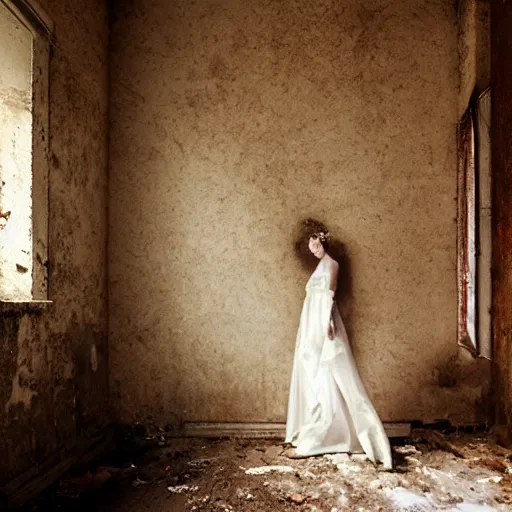 Image similar to A woman in a wedding dress in a dirty run-down room, long shadow, warm colors, vintage shading, dark room, elegant interior, by Greg Rutkowski